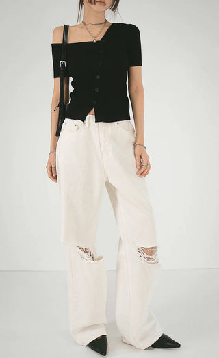 The Unbal One-Off Shoulder Slit Golji Short Sleeve Cardigan