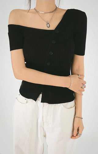 The Unbal One-Off Shoulder Slit Golji Short Sleeve Cardigan