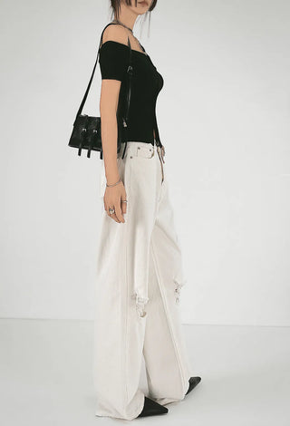 The Unbal One-Off Shoulder Slit Golji Short Sleeve Cardigan