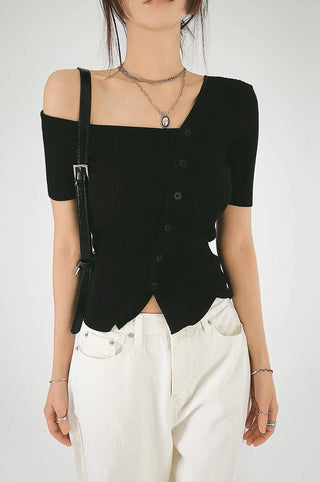 The Unbal One-Off Shoulder Slit Golji Short Sleeve Cardigan