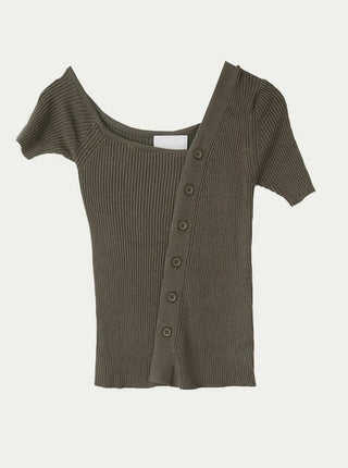 The Unbal One-Off Shoulder Slit Golji Short Sleeve Cardigan