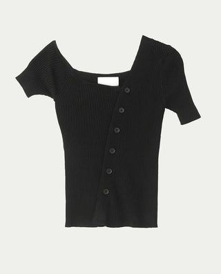 The Unbal One-Off Shoulder Slit Golji Short Sleeve Cardigan