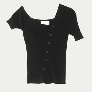 The Unbal One-Off Shoulder Slit Golji Short Sleeve Cardigan