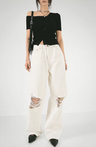 The Unbal One-Off Shoulder Slit Golji Short Sleeve Cardigan
