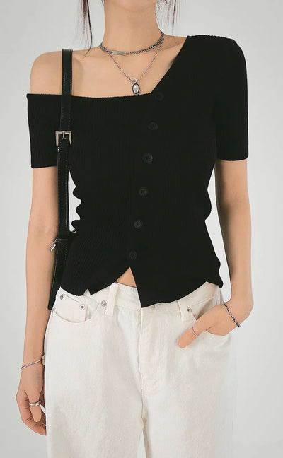 The Unbal One-Off Shoulder Slit Golji Short Sleeve Cardigan