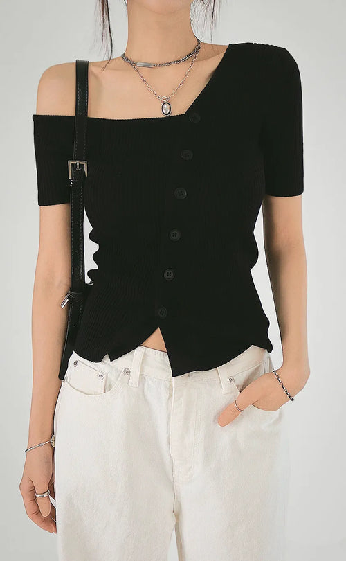 The Unbal One-Off Shoulder Slit Golji Short Sleeve Cardigan