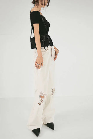 The Unbal One-Off Shoulder Slit Golji Short Sleeve Cardigan