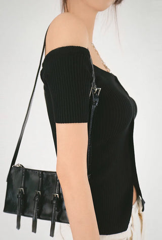 The Unbal One-Off Shoulder Slit Golji Short Sleeve Cardigan