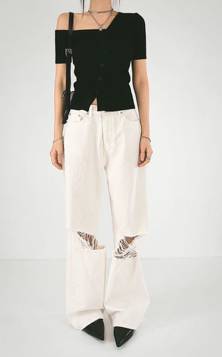 The Unbal One-Off Shoulder Slit Golji Short Sleeve Cardigan