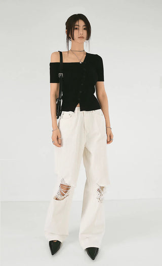 The Unbal One-Off Shoulder Slit Golji Short Sleeve Cardigan