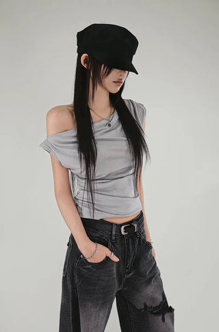 Sede Loose One-Off Shoulder Short Sleeve Unbalanced T-Shirt