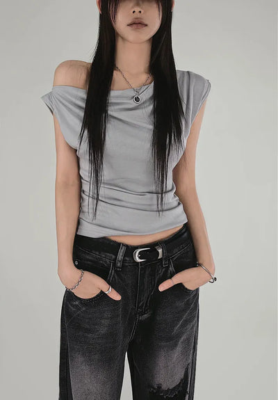 Sede Loose One-Off Shoulder Short Sleeve Unbalanced T-Shirt