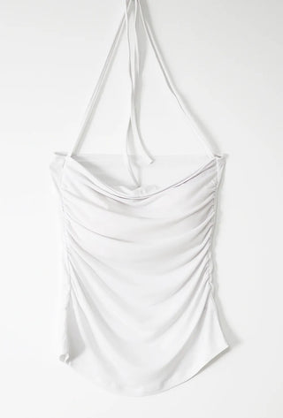 Square neck half-neck top with side shirring straps and built-in cap