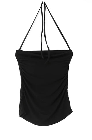 Square neck half-neck top with side shirring straps and built-in cap