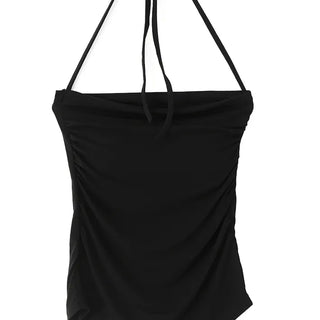 Square neck half-neck top with side shirring straps and built-in cap