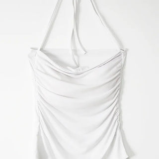 Square neck half-neck top with side shirring straps and built-in cap
