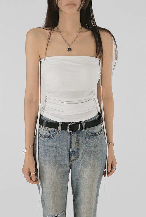 Square neck half-neck top with side shirring straps and built-in cap
