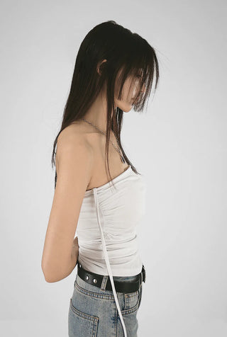 Square neck half-neck top with side shirring straps and built-in cap