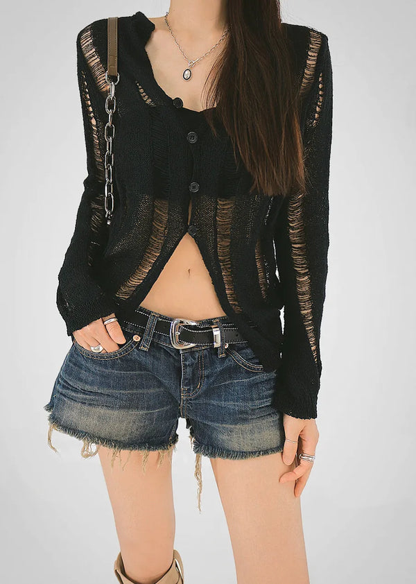 Hezim Damage Slit See-Through Cardigan