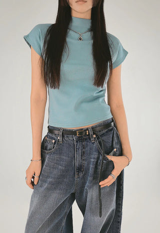 F/W Need Cap Sleeve Soft Basic Half-Polar Crop Tee
