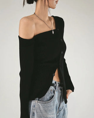F/W One Off-Shoulder Slit Goal-Knit Long-Sleeve Uneven Cardigan