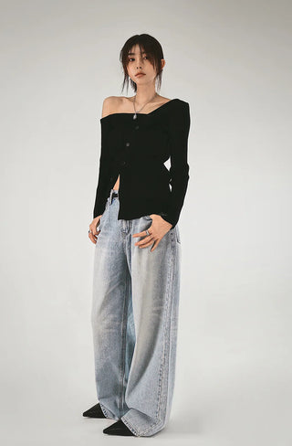 F/W One Off-Shoulder Slit Goal-Knit Long-Sleeve Uneven Cardigan