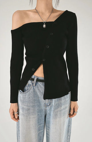 F/W One Off-Shoulder Slit Goal-Knit Long-Sleeve Uneven Cardigan