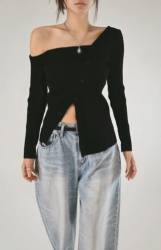 F/W One Off-Shoulder Slit Goal-Knit Long-Sleeve Uneven Cardigan