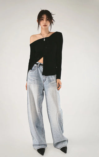 F/W One Off-Shoulder Slit Goal-Knit Long-Sleeve Uneven Cardigan