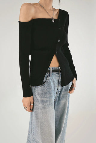 F/W One Off-Shoulder Slit Goal-Knit Long-Sleeve Uneven Cardigan