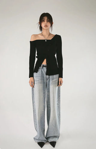 F/W One Off-Shoulder Slit Goal-Knit Long-Sleeve Uneven Cardigan