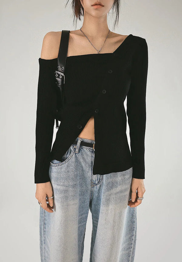 F/W One Off-Shoulder Slit Goal-Knit Long-Sleeve Uneven Cardigan