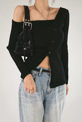 F/W One Off-Shoulder Slit Goal-Knit Long-Sleeve Uneven Cardigan