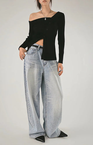 F/W One Off-Shoulder Slit Goal-Knit Long-Sleeve Uneven Cardigan