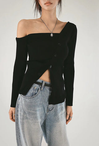 F/W One Off-Shoulder Slit Goal-Knit Long-Sleeve Uneven Cardigan
