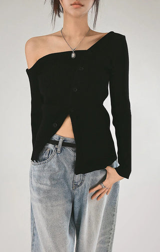 F/W One Off-Shoulder Slit Goal-Knit Long-Sleeve Uneven Cardigan