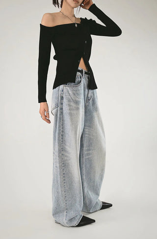 F/W One Off-Shoulder Slit Goal-Knit Long-Sleeve Uneven Cardigan