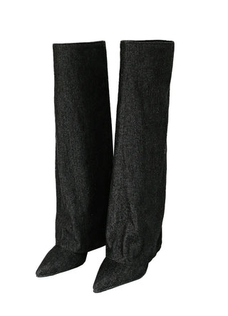 Denim Hidden Natural Wrinkle Heel Stiletto Long Boots