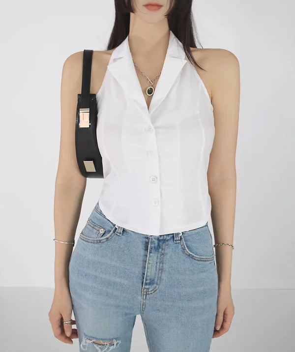 Kara Halter Neck Backless Reversible Vest Mini Shirt