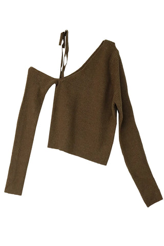 Romantic shoulder strap diagonal one-off uneven knit