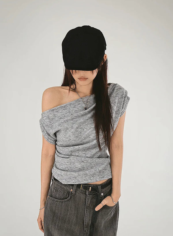Heyd Loose One-Off-Shoulder Shirring Knit Unbalti