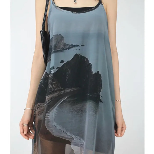 Unique digital dyed chiffon layered see-through one-piece