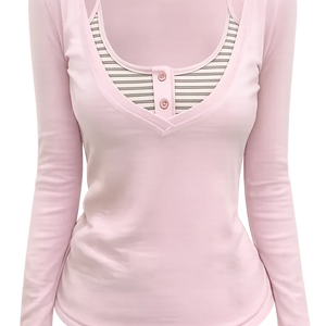 Pink base + striped layered V neck tee