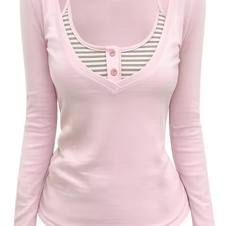 Pink base + striped layered V neck tee
