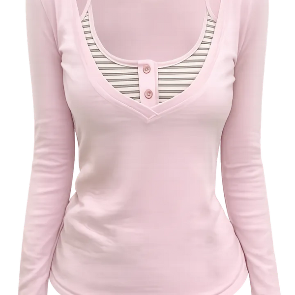 Pink base + striped layered V neck tee