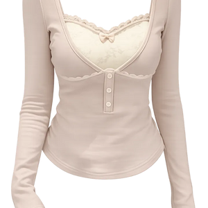 Lace panel layered button point tee