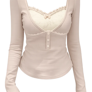 Lace panel layered button point tee