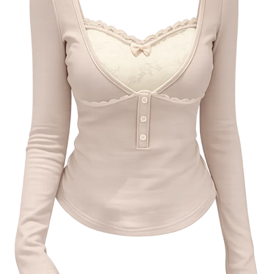 Lace panel layered button point tee