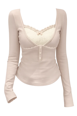 Lace panel layered button point tee