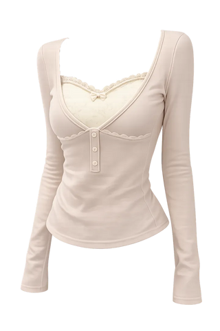 Lace panel layered button point tee